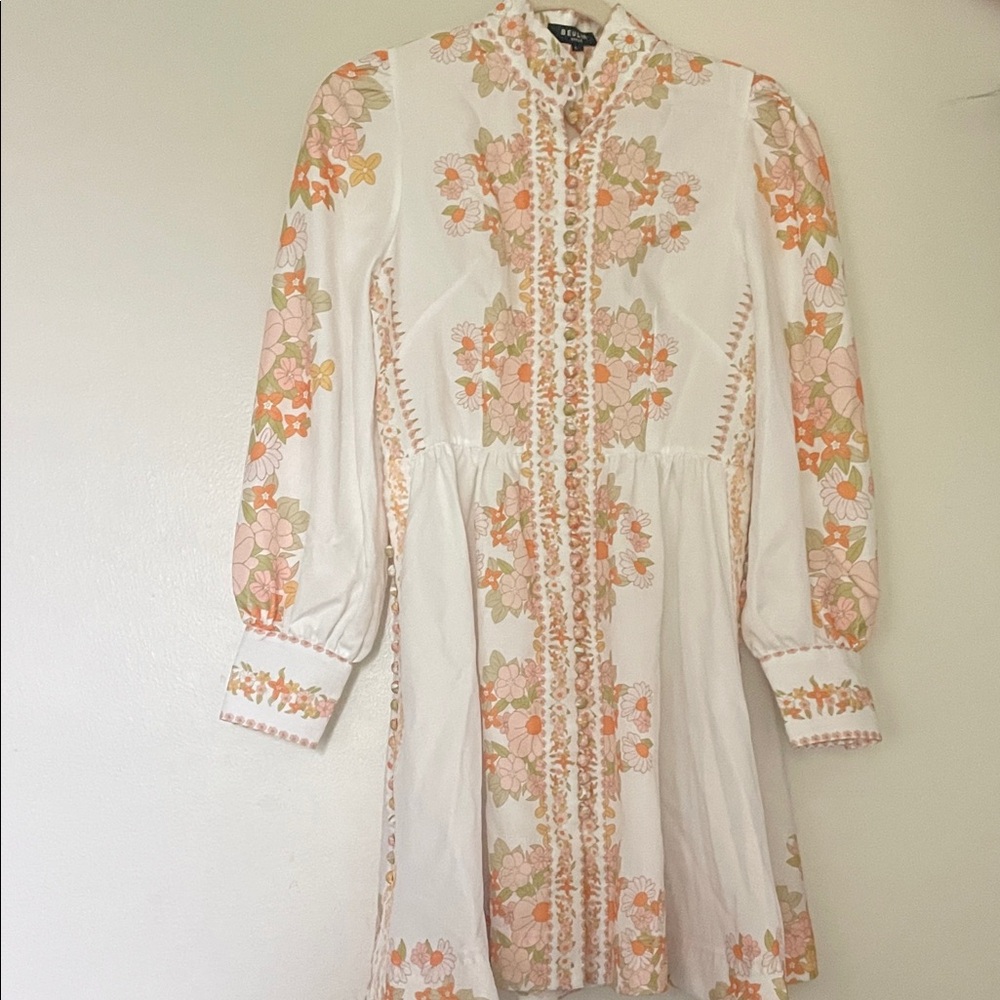Beulah White Floral Long-Sleeve Mini Dress